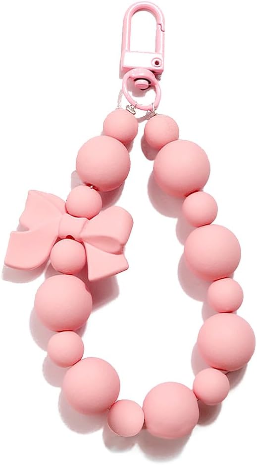 Pink Keychains Wristlet for Women Girls, Cute Sweet Bow Bracelet Keychain Silicone Beaded Key Chain Car Keyring Pendant Charm Keychain for Cell Phone Chain Earphone Case Purse Backpack Accessories