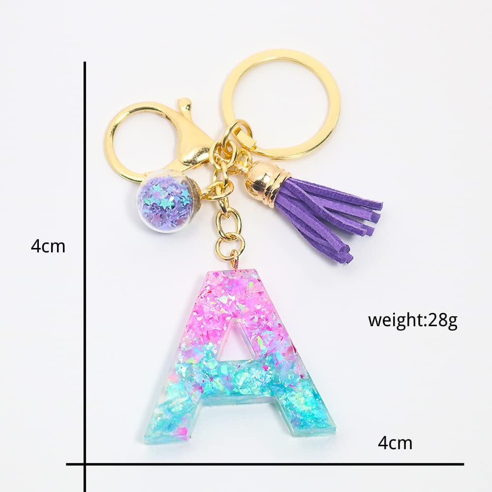 Glitter Letter A-Z Keychain Pink Blue Resin Alphabet Initial Letter Accessories with Purple Tassel Glass Ball - Image 2