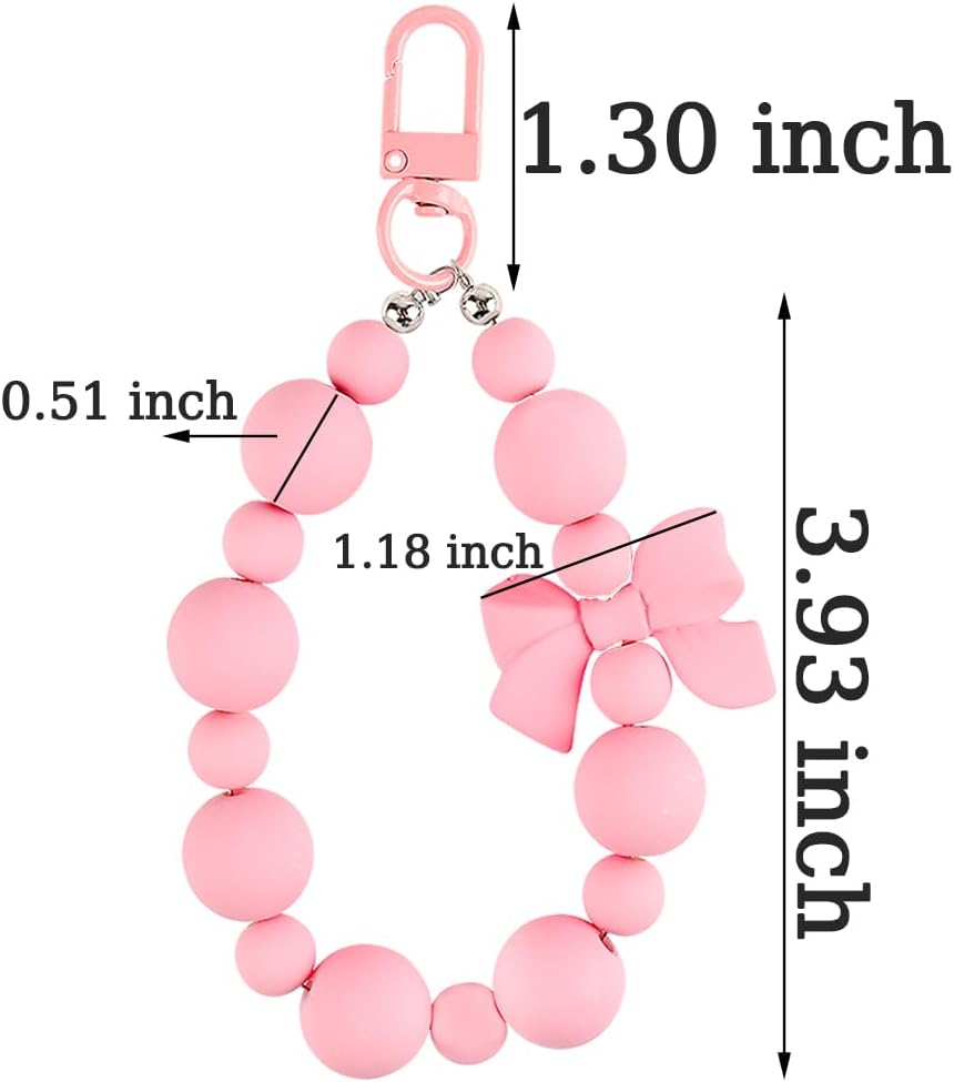 Pink Keychains Wristlet for Women Girls, Cute Sweet Bow Bracelet Keychain Silicone Beaded Key Chain Car Keyring Pendant Charm Keychain for Cell Phone Chain Earphone Case Purse Backpack Accessories - Image 2