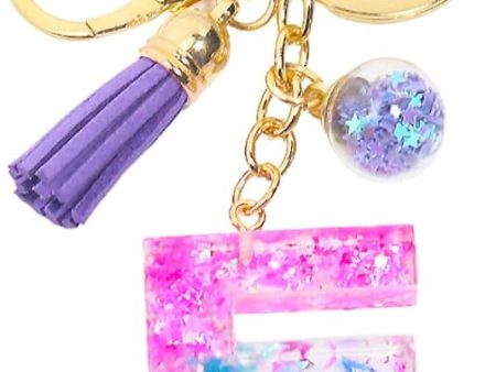 Glitter Letter A-Z Keychain Pink Blue Resin Alphabet Initial Letter Accessories with Purple Tassel Glass Ball