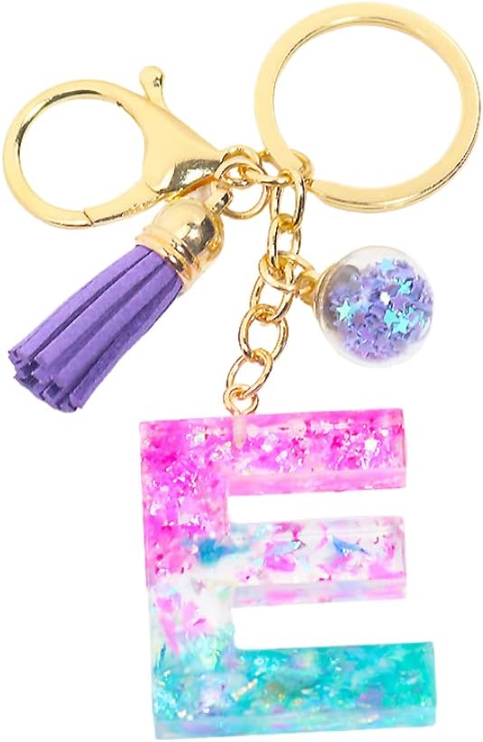 Glitter Letter A-Z Keychain Pink Blue Resin Alphabet Initial Letter Accessories with Purple Tassel Glass Ball