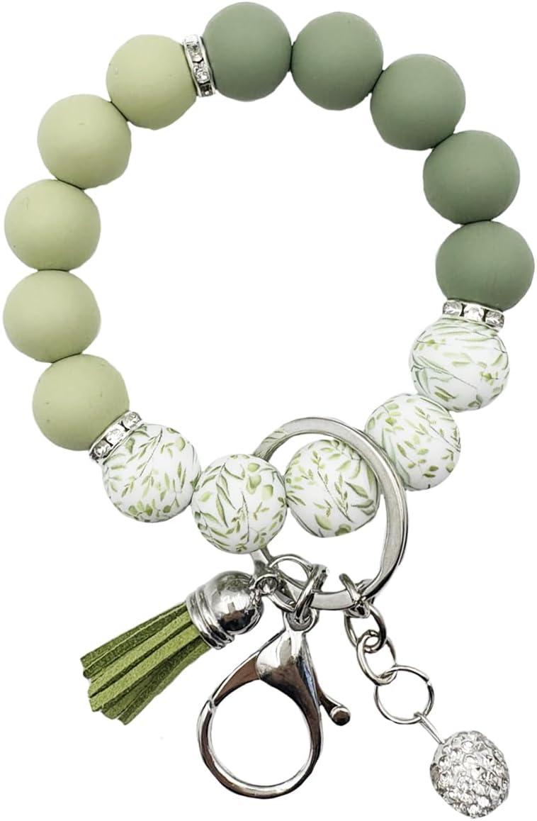 Silicone Bead Keychain Bracelet Women Wristlet Key Ring Bangle Chains with Tassel