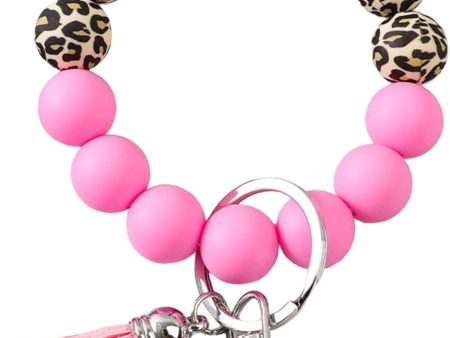 Beaded Wrist Keychain Bracelet for Women Leopard Silicone Beads Wristlet Car Key Holder Key Ring Bowknot Wristlet