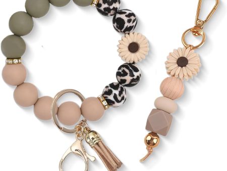 2PCS Bracelet Key Ring Set, Cute Car Key chain Wristlet, Silicone Beaded Bangle keyChains for Women Girls