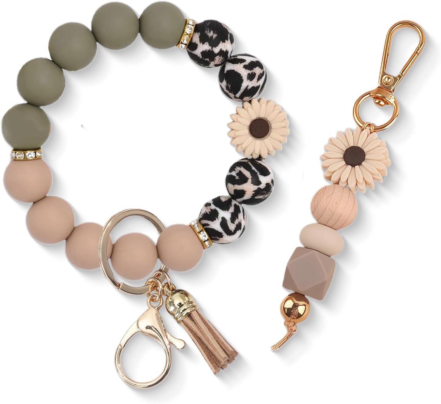 2PCS Bracelet Key Ring Set, Cute Car Key chain Wristlet, Silicone Beaded Bangle keyChains for Women Girls