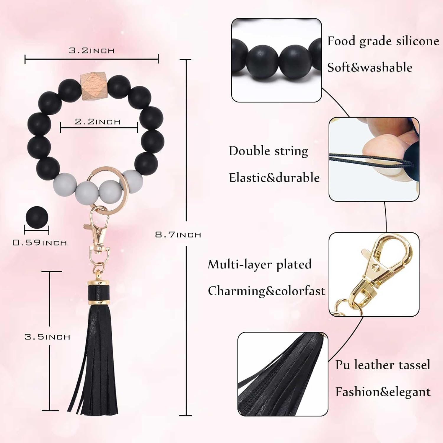 Silicone Beaded Bracelet Keychain Wristlet Key Ring Bangle Chains for Women with Leather Tassel - Image 2