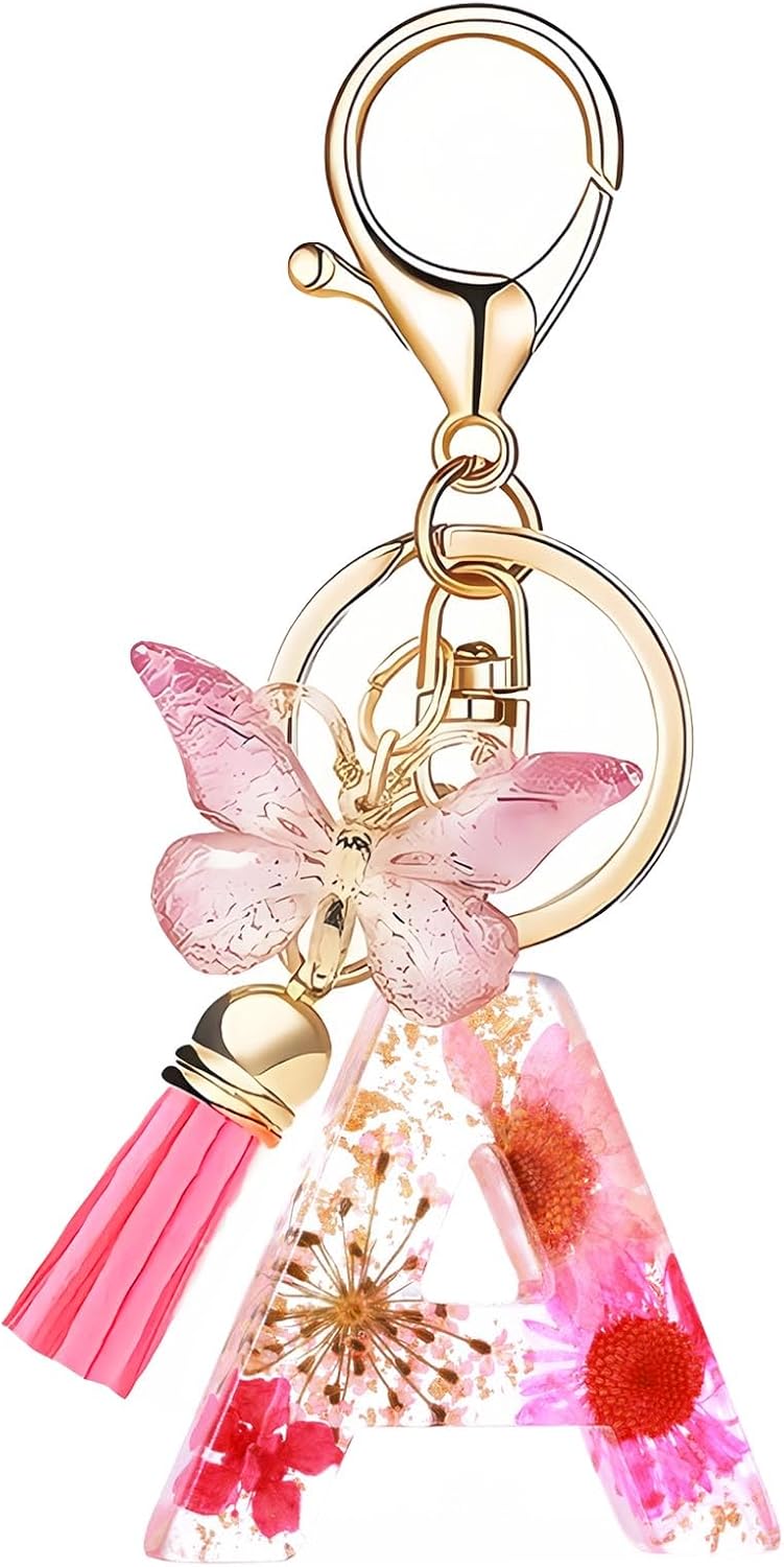 Cute Initial Letter Keychain for Women Girls with Pink Tassel Butterfly for Backpacks Handbags
