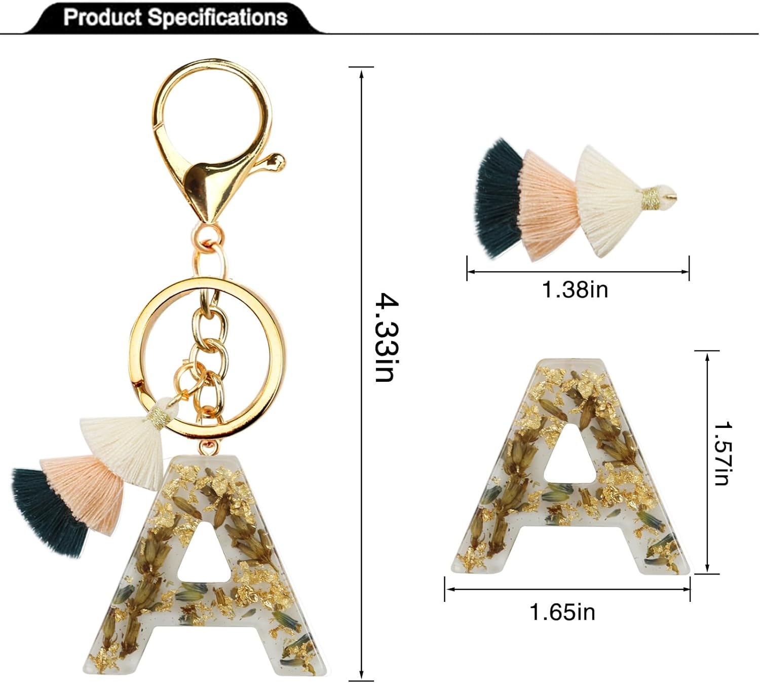 Initial Keychain Cute Letter Key Chain Backpack Accessories White Bag Charms for Women with Tassel Green Leaf Design - Image 2