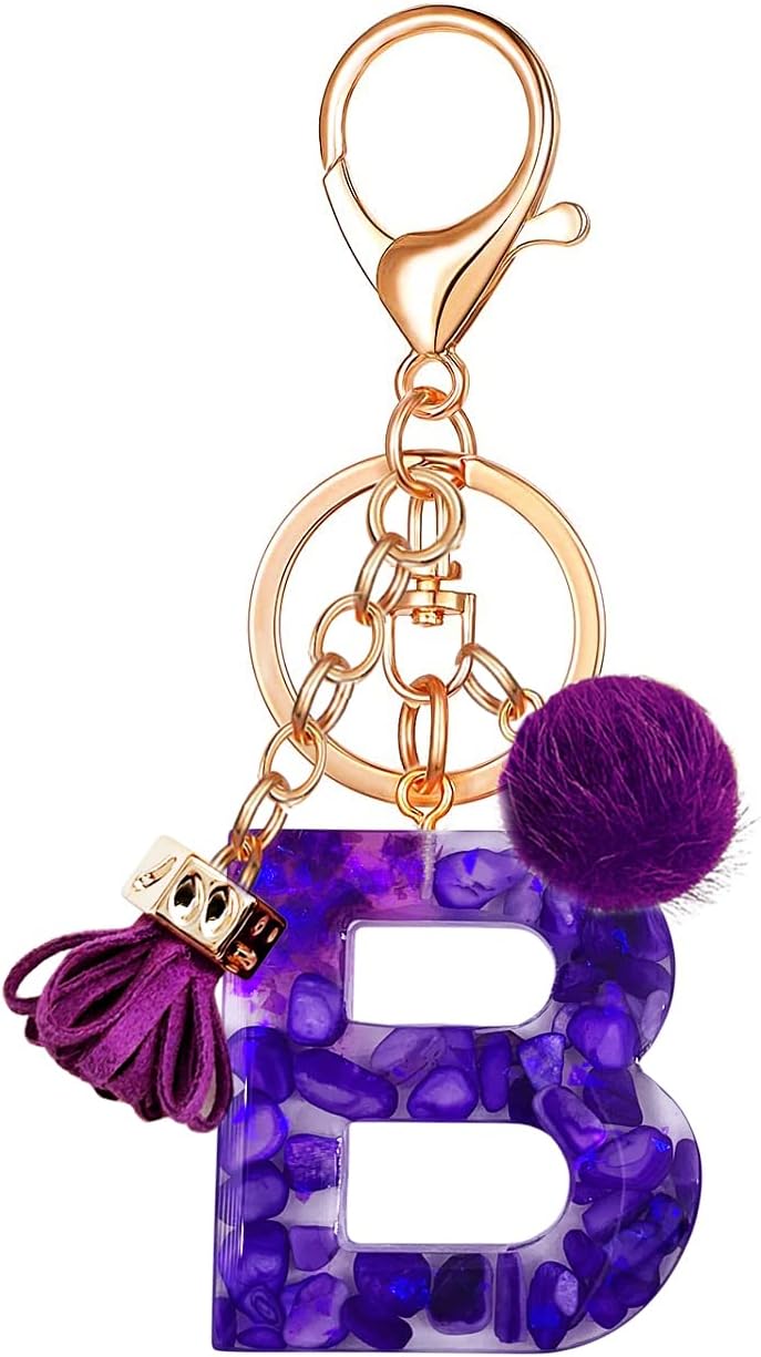 Purple Ball Initial Keychain Tassel Letter Alphabet Bag Charm Keyring