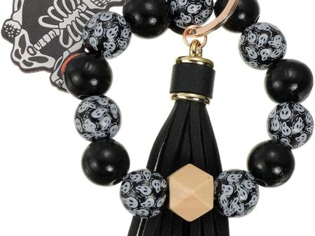 Hand Made Black Bracelet Wristlet Halloween Wooden Beads Keychain with Tassel Elastic Keyring Bangle for Women