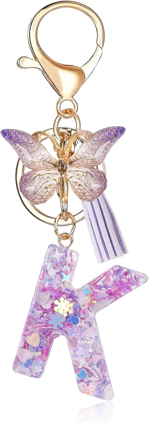 Initial Letter Keychains for Women Cute Purple Keychain with Tassel& Butterfly