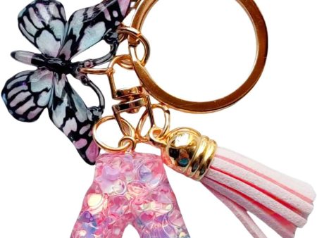 Cute Initial Letter Keychains for Women Girls Tassel Butterfly Multi-Color Keychain for Backpack School Bag