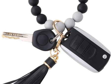 Silicone Beaded Bracelet Keychain Wristlet Key Ring Bangle Chains for Women with Leather Tassel