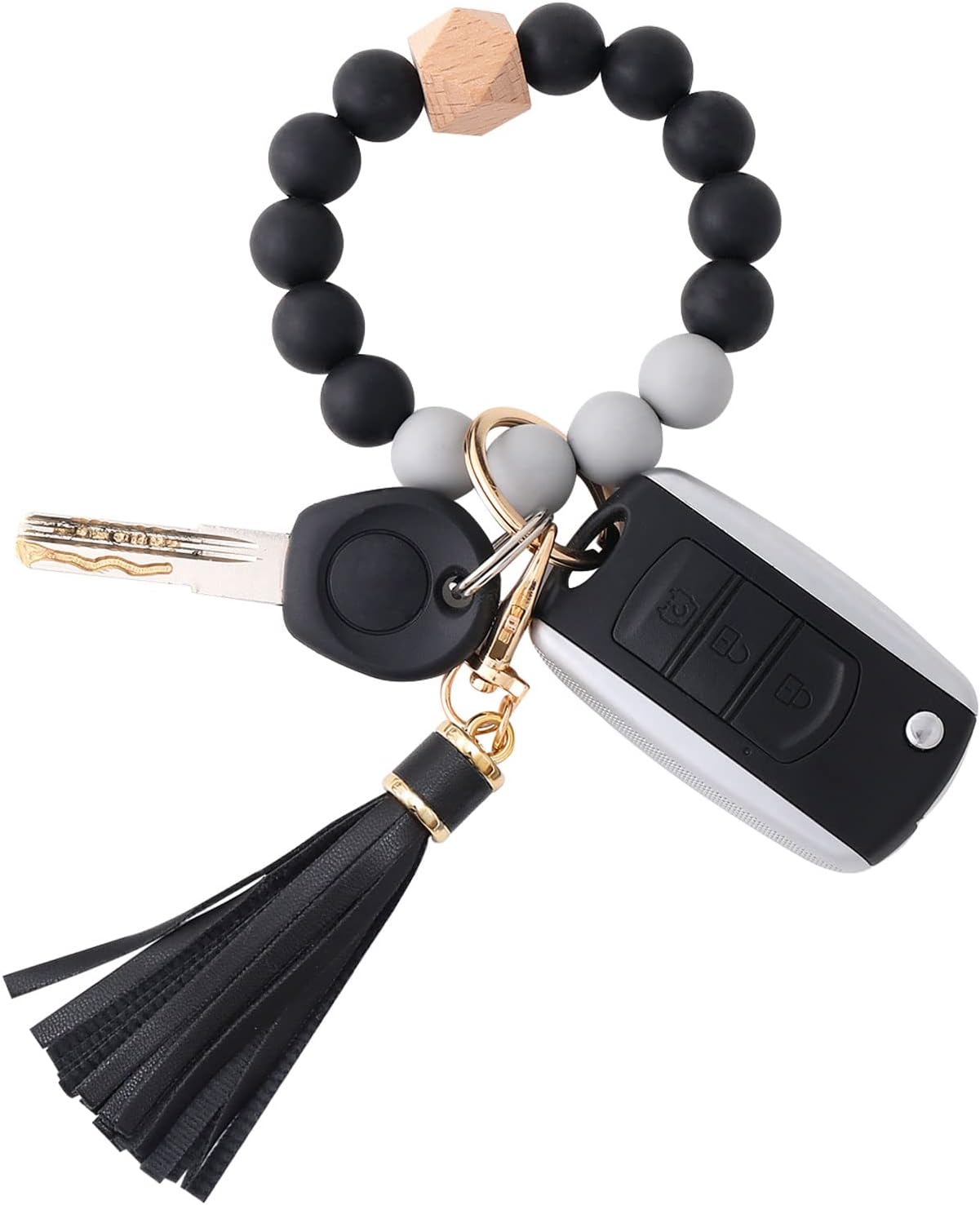 Silicone Beaded Bracelet Keychain Wristlet Key Ring Bangle Chains for Women with Leather Tassel