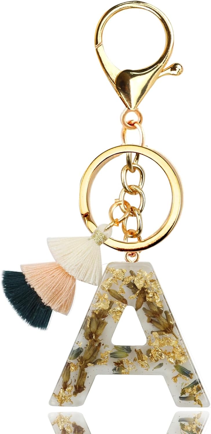 Initial Keychain Cute Letter Key Chain Backpack Accessories White Bag Charms for Women with Tassel Green Leaf Design