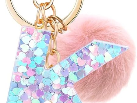 Resin Alphabet Initial Letter Keychain Keyring for Women Purse Handbags With Fur Ball Pom