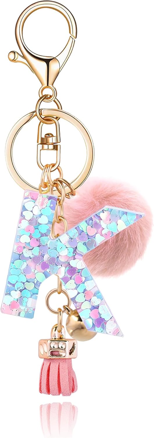 Resin Alphabet Initial Letter Keychain Keyring for Women Purse Handbags With Fur Ball Pom