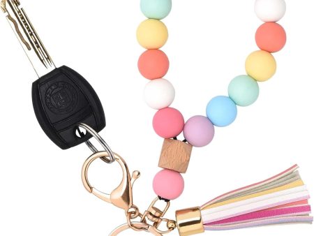 Silicone Key Ring Bracelet Wristlet Keychain Unique Beaded Bangle Key Chains for Women with Leather Tassel
