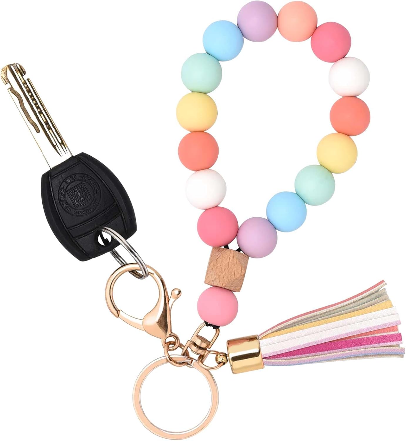 Silicone Key Ring Bracelet Wristlet Keychain Unique Beaded Bangle Key Chains for Women with Leather Tassel