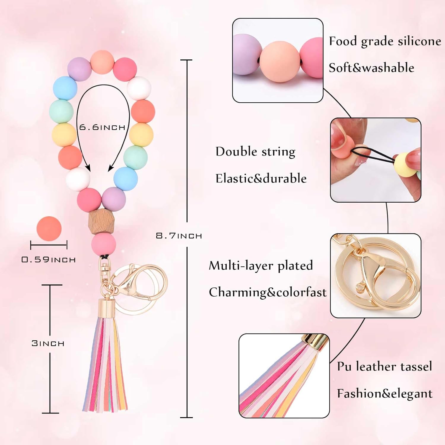 Silicone Key Ring Bracelet Wristlet Keychain Unique Beaded Bangle Key Chains for Women with Leather Tassel - Image 2