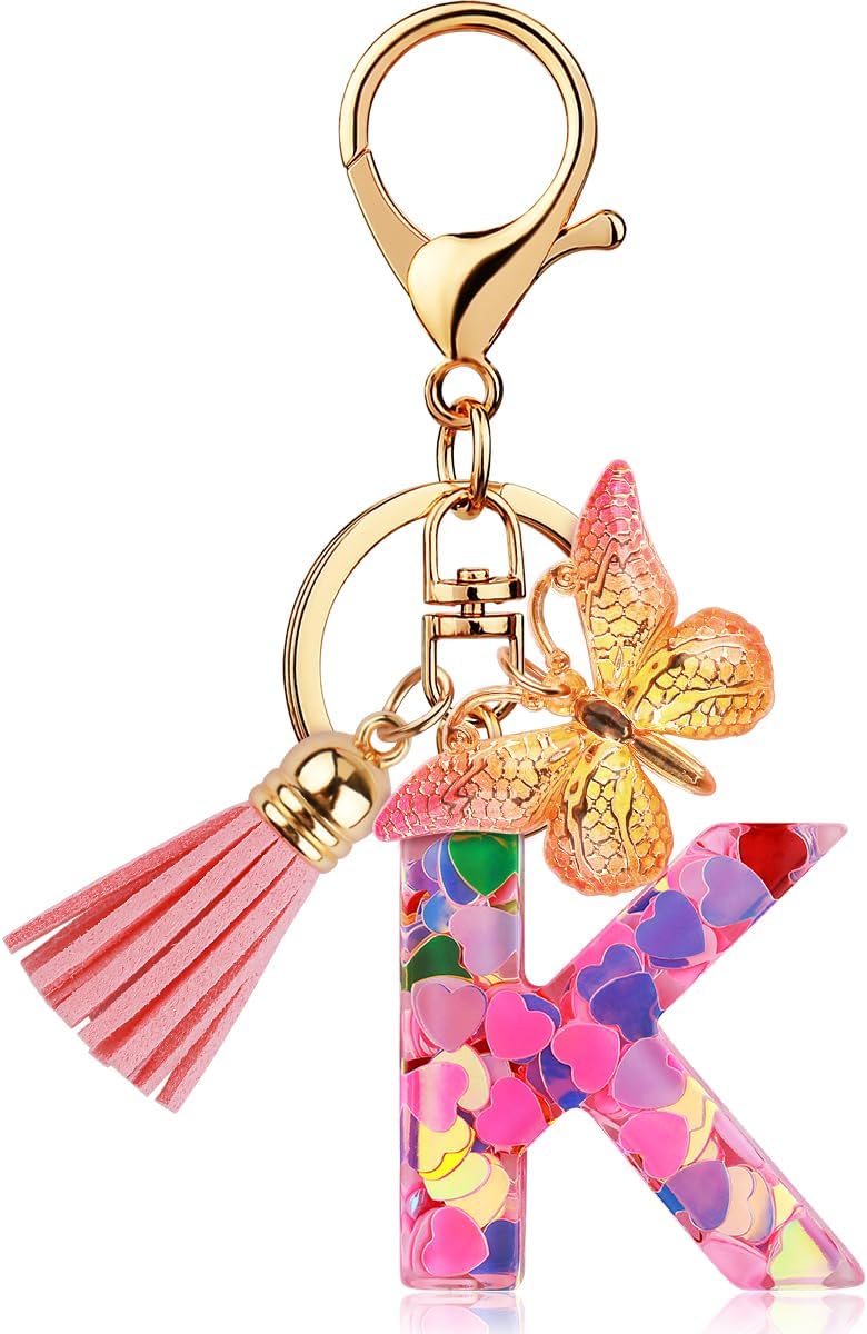 Initial Letter Keychain for Women Girl Bag Charm Butterfly Tassel Keychain for Wallet Car Key Backpack Handbag