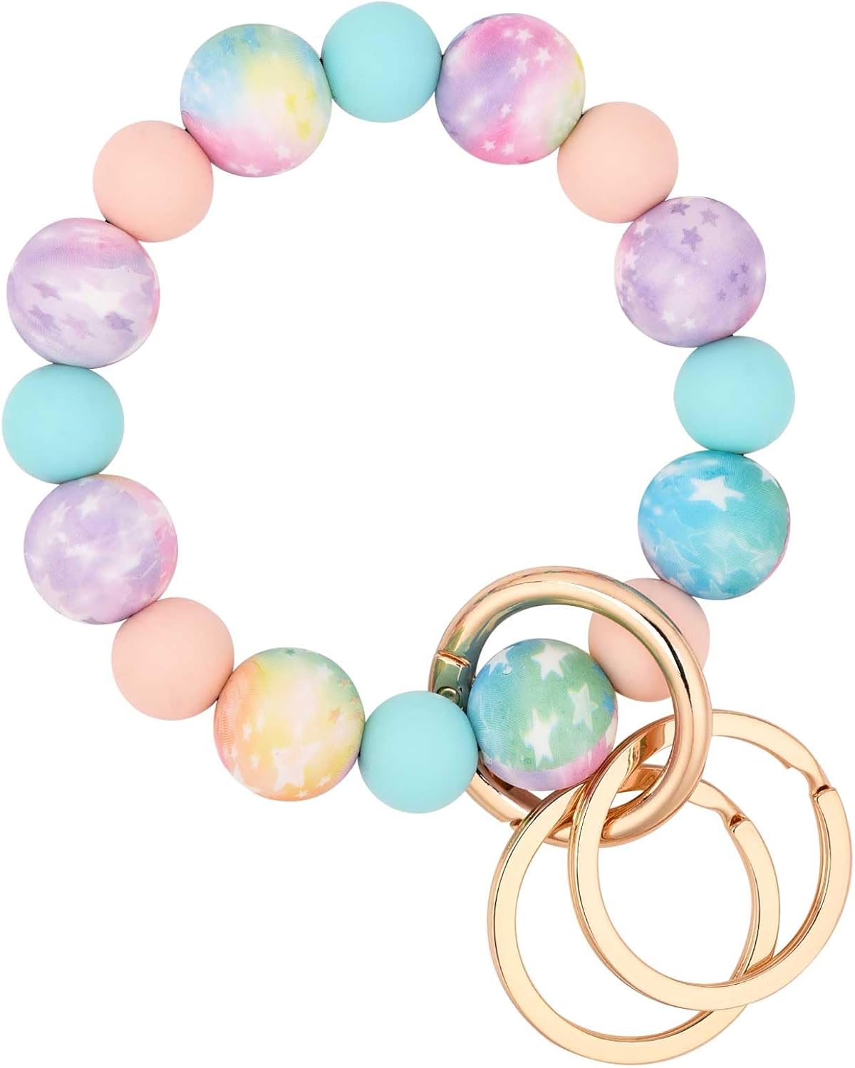 Silicone Beaded Keychain Wristlet Key Ring Bracelet with 2 Keyrings for Women Girls, Fit for Small Wrists