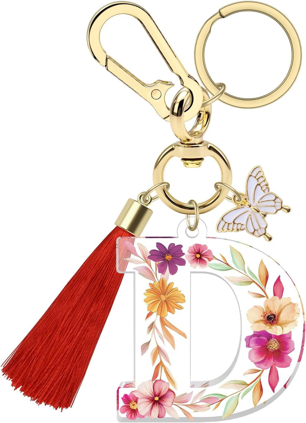 Initial Letter Keychain for Women Tassel Butterfly Pendant Key Ring Alphabet Keychain for Backpack Handbag Charms