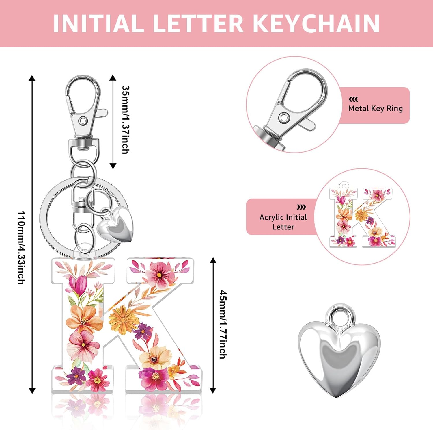 Initial Keychain for Women Acrylic Alphabet A-Z Initial Letter Keychain with Cute Heart Shape Pendant for Car Key - Image 2