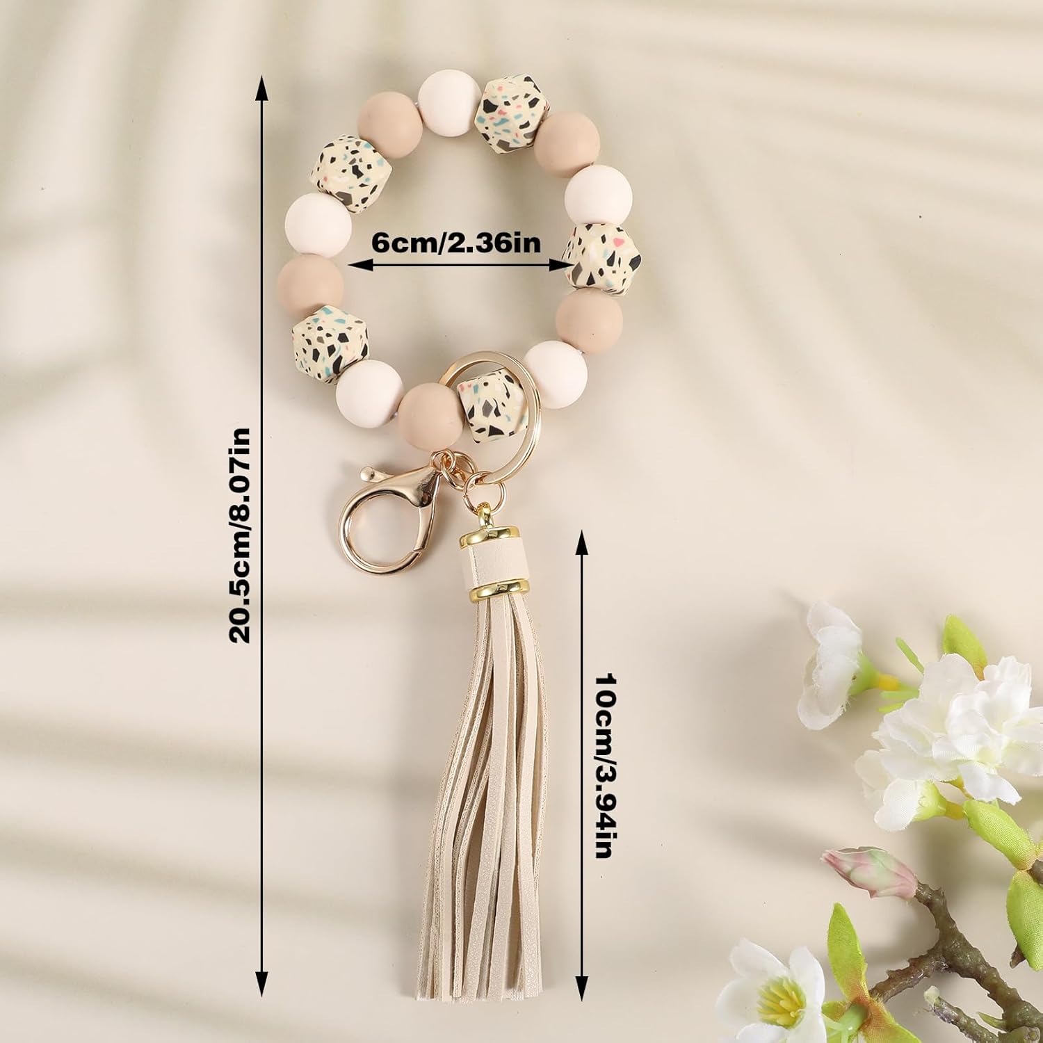 Wristlet Beaded Keychain Bracelet Silicone Key Ring for Women, Key Chain with PU Tassel Beaded Bangle Chains Car Keyring Wristlet Bag Pendant for Mother's Day Gift - Image 2