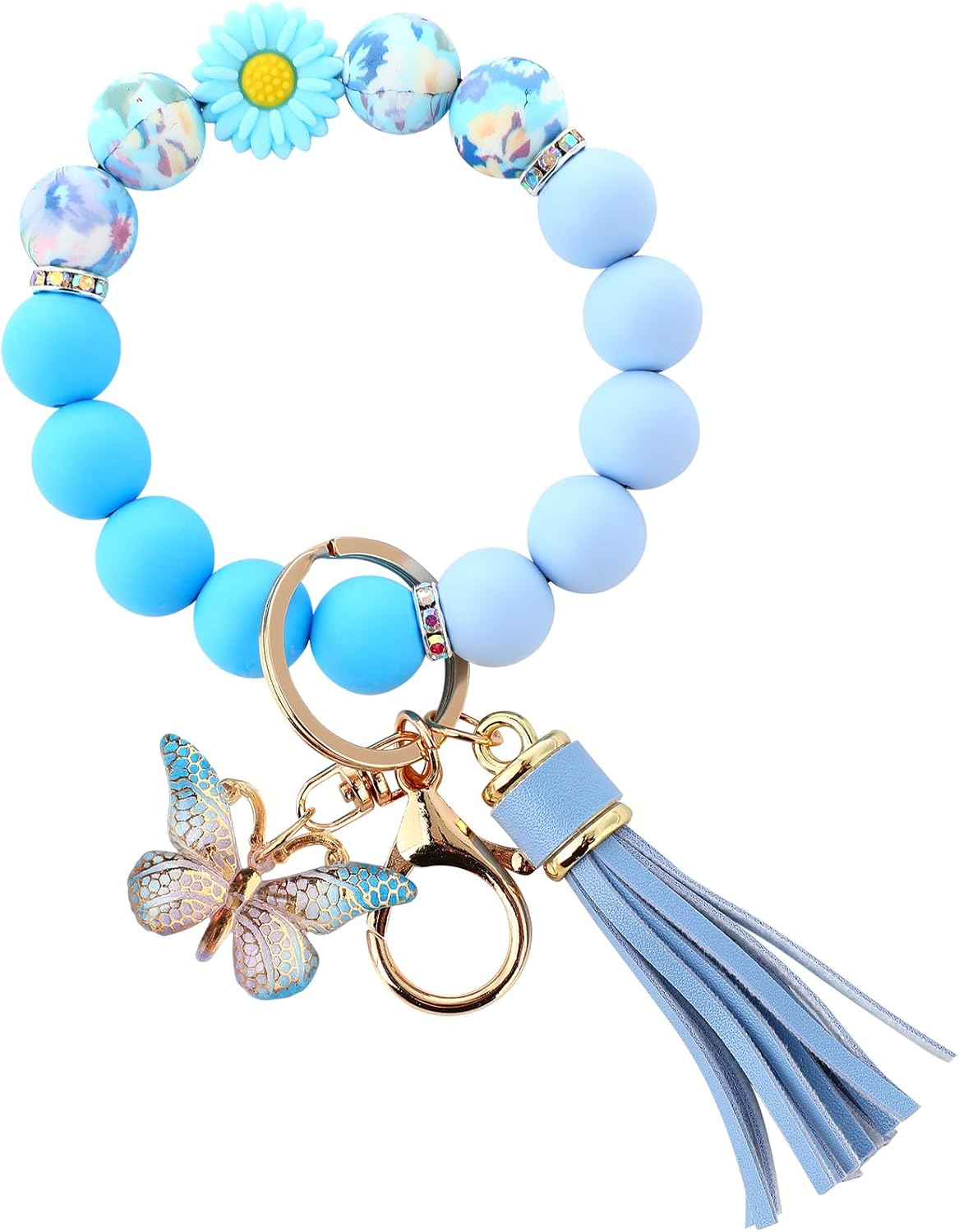 Cute Silicone Beaded Keychain,Key Chain Holder for Car Keys Women Girl,Daisy Silicone Key Wristlet Resin Butterfly