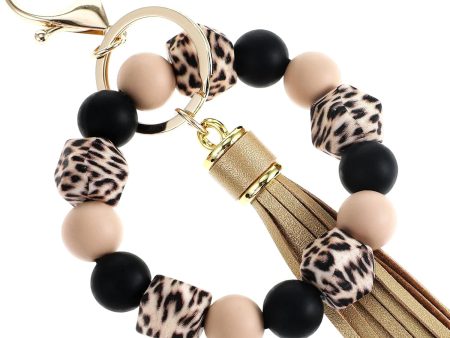 Beaded Keychain Silicone Key Ring Bracelet Wristlet for Women, Leopard Keychain with PU Tassel Bag Pendant