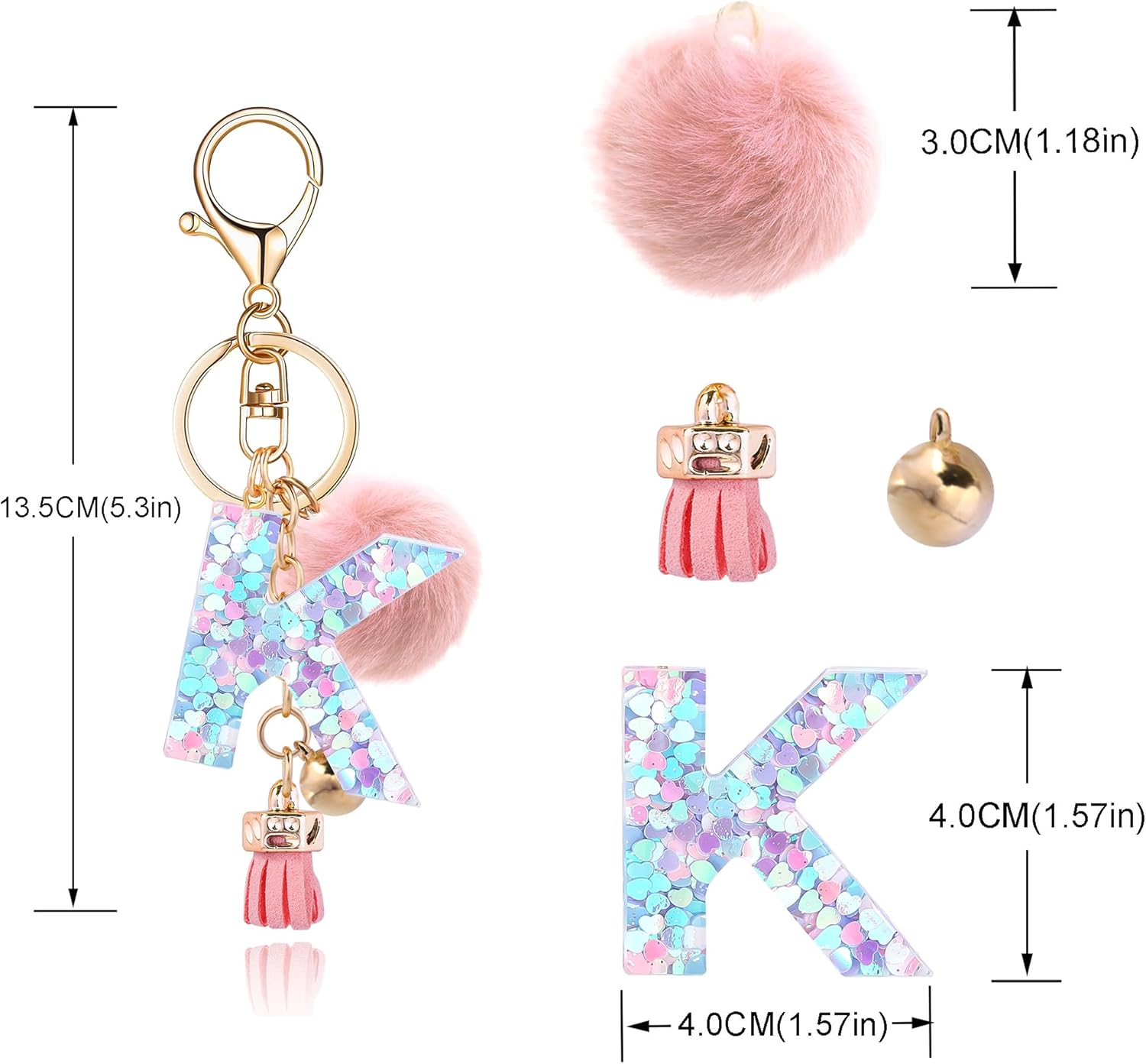 Resin Alphabet Initial Letter Keychain Keyring for Women Purse Handbags With Fur Ball Pom - Image 2