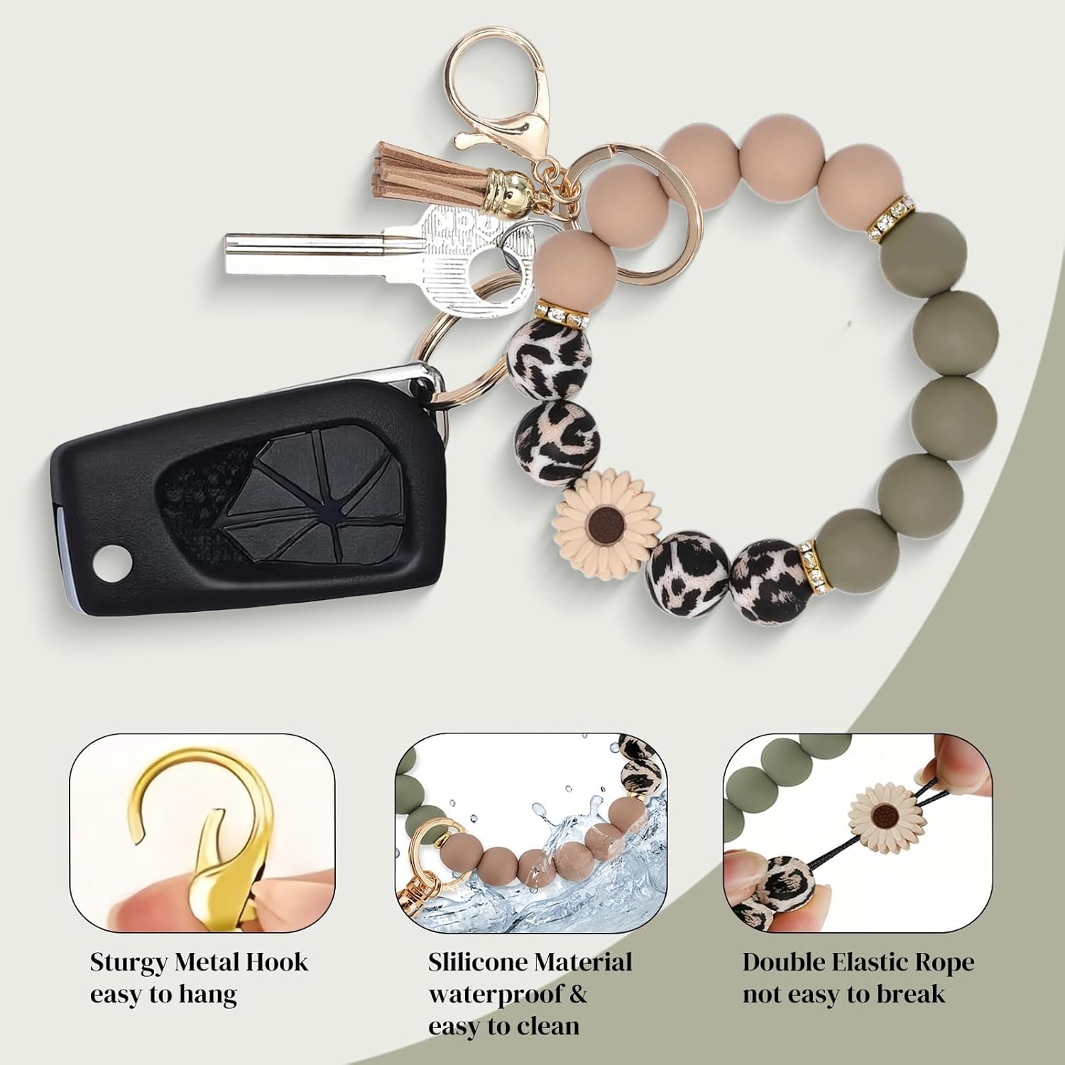 2PCS Bracelet Key Ring Set, Cute Car Key chain Wristlet, Silicone Beaded Bangle keyChains for Women Girls - Image 2