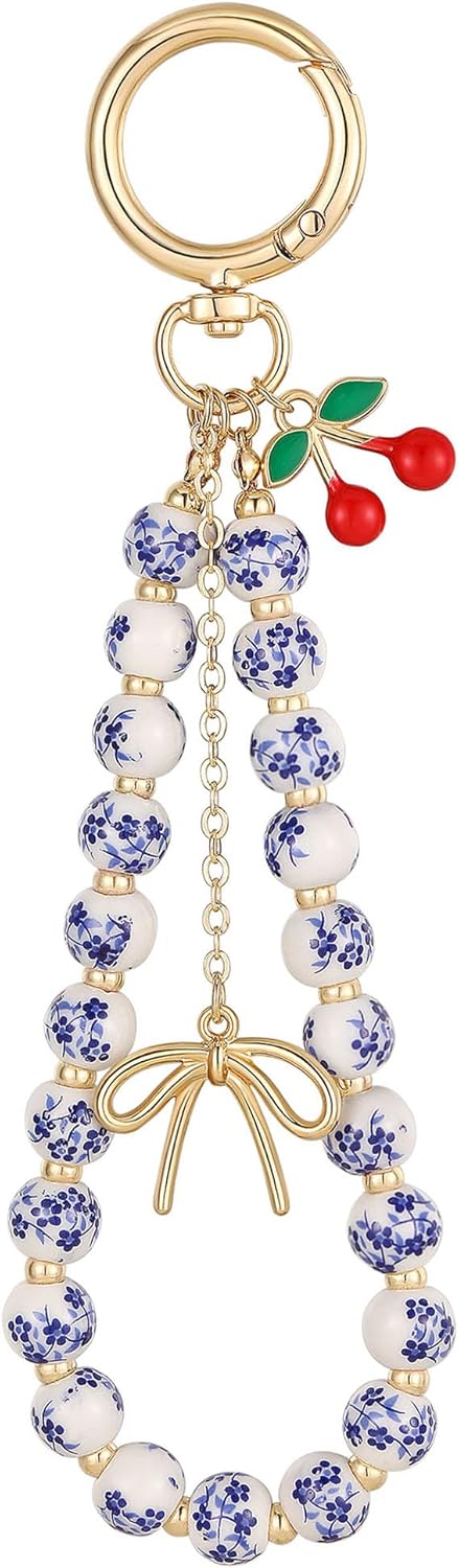 Beaded Keychain Wristlet for Women Cherry Bag Charm Bow Purse Keychain Charms Vintage Bag Accessories