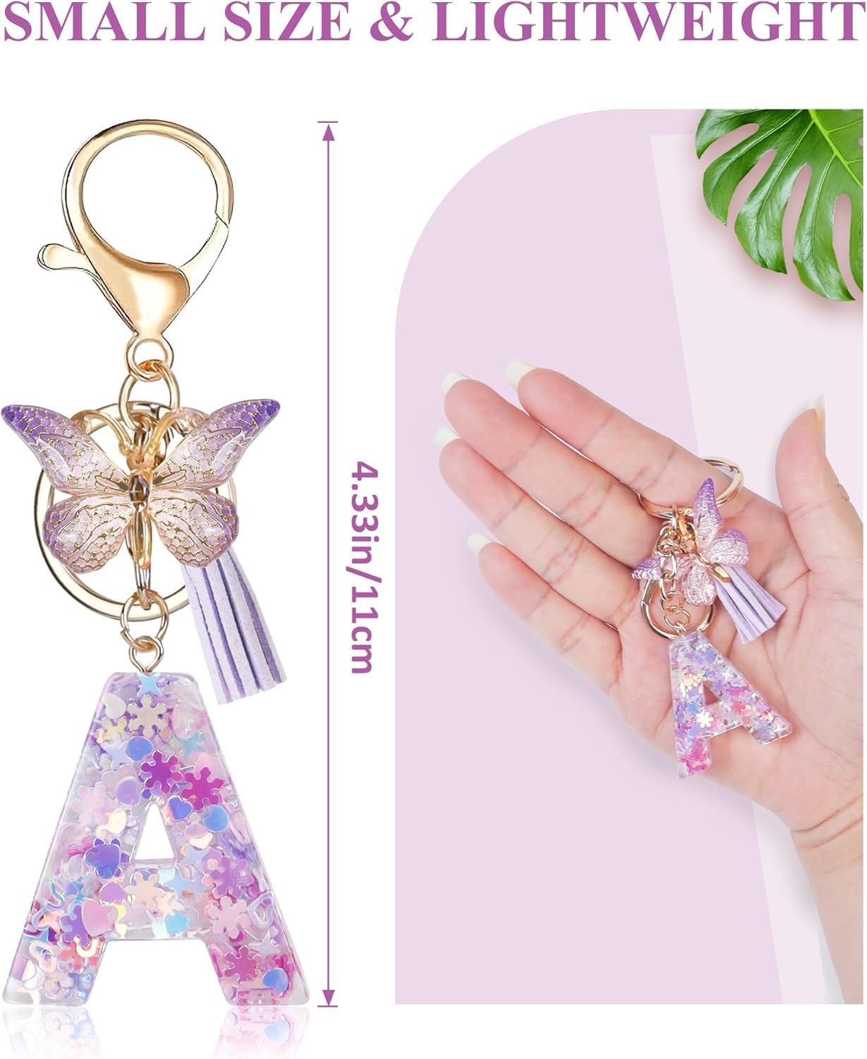 Initial Letter Keychains for Women Cute Purple Keychain with Tassel& Butterfly - Image 2