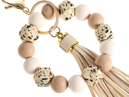 Wristlet Beaded Keychain Bracelet Silicone Key Ring for Women, Key Chain with PU Tassel Beaded Bangle Chains Car Keyring Wristlet Bag Pendant for Mother's Day Gift