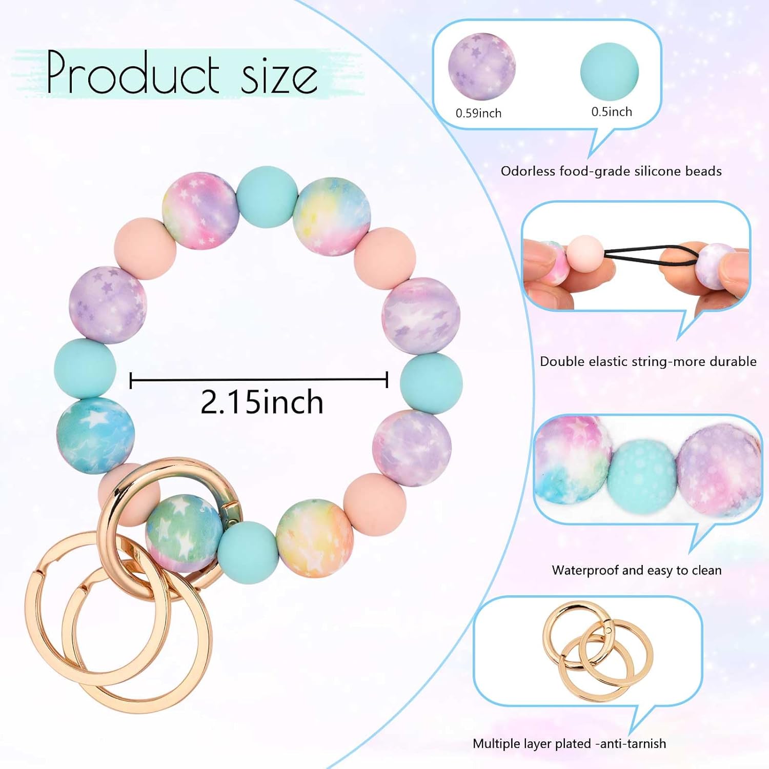 Silicone Beaded Keychain Wristlet Key Ring Bracelet with 2 Keyrings for Women Girls, Fit for Small Wrists - Image 2