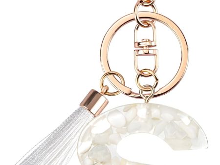 Cute Beige Key Chains for Women Girls, Initial Letter Keychains with White Tassel, Charms for Key Handbag Backpack
