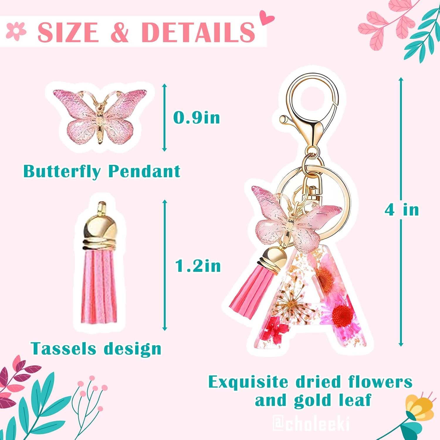 Cute Initial Letter Keychain for Women Girls with Pink Tassel Butterfly for Backpacks Handbags - Image 2