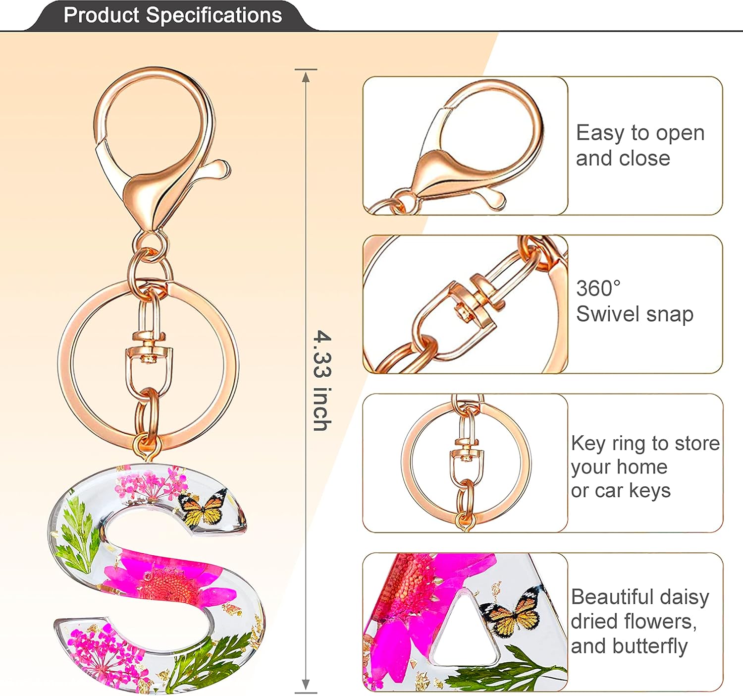 Initial Letter Butterfly Flower Pink Keychain Birthday gifts for Women Girl Backpack Wallet Car Key Cute Bling Keychain - Image 2