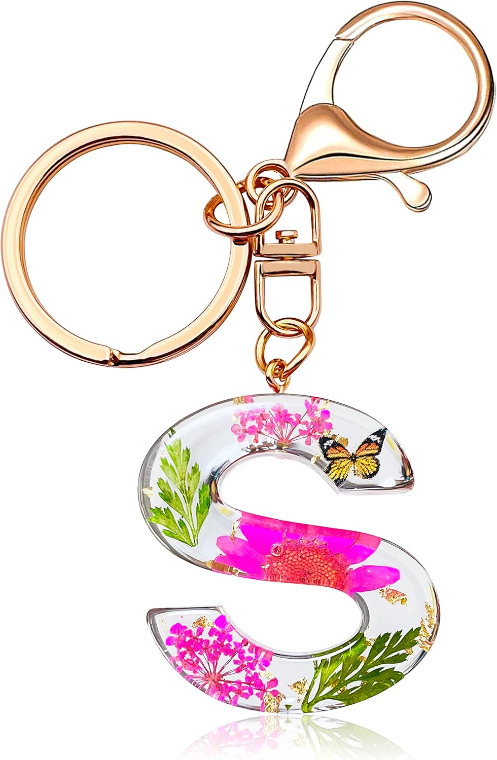 Initial Letter Butterfly Flower Pink Keychain Birthday gifts for Women Girl Backpack Wallet Car Key Cute Bling Keychain