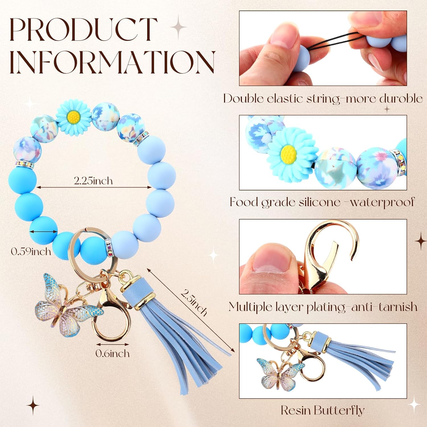 Cute Silicone Beaded Keychain,Key Chain Holder for Car Keys Women Girl,Daisy Silicone Key Wristlet Resin Butterfly - Image 2