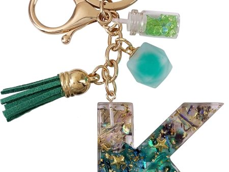 Initial Keychain Ball Tassel Charm Capital Letter Alphabet Green Keyring