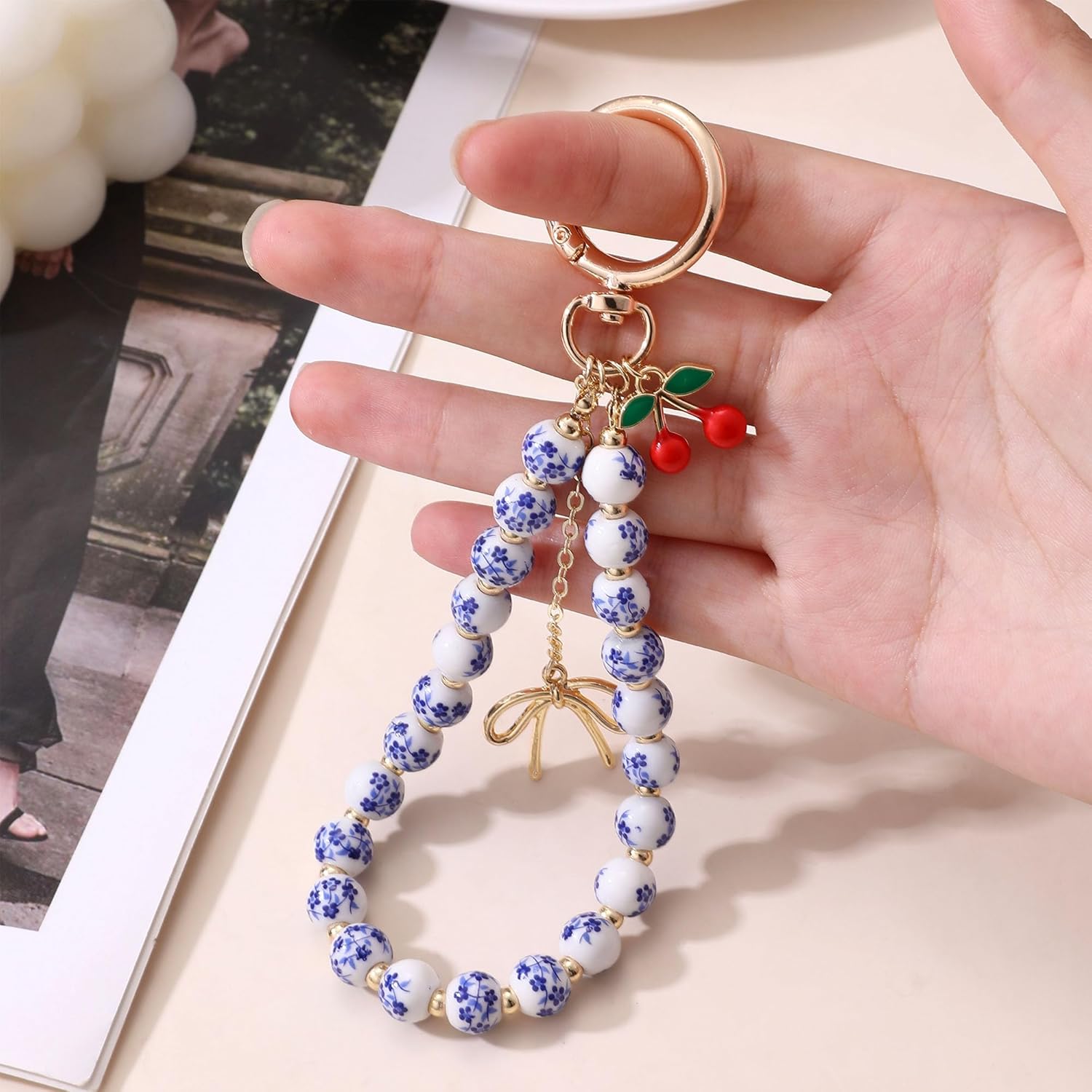 Beaded Keychain Wristlet for Women Cherry Bag Charm Bow Purse Keychain Charms Vintage Bag Accessories - Image 2