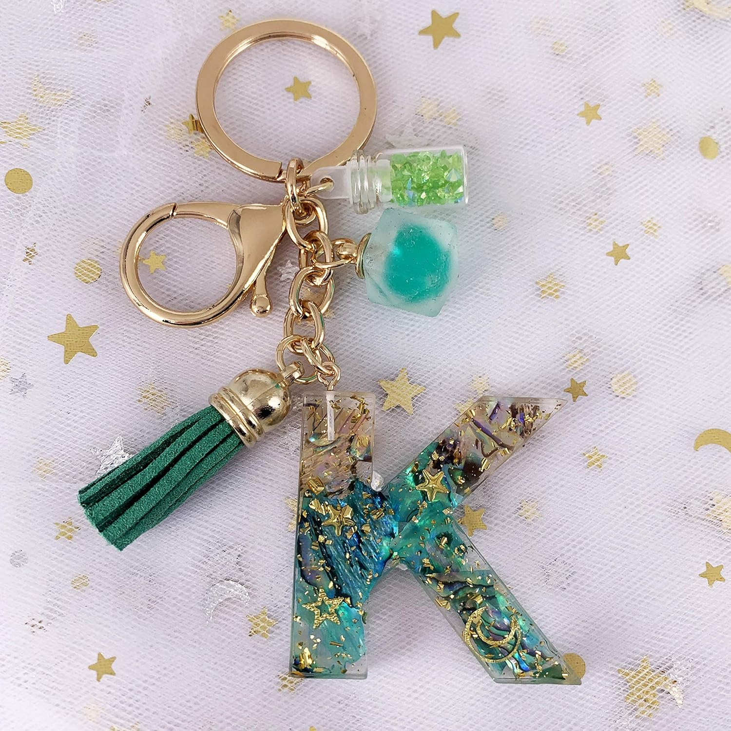 Initial Keychain Ball Tassel Charm Capital Letter Alphabet Green Keyring - Image 2